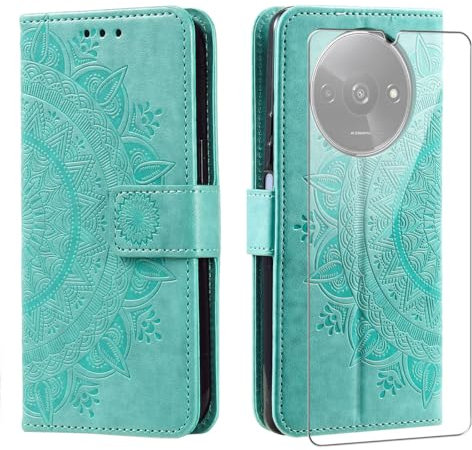 Handyhülle für Xiaomi Redmi A3 mit 1 Stück Schutzfolie, PU Leder Flip Hülle, Brieftasche Case, Standfunktion und Kartenfach Schutzhülle für Xiaomi Redmi A3 (Grün)