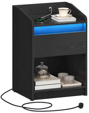 Hzuaneri Bedside Table with LED Light, Bedside Cabinet with Charging Station, 1 Storage Drawer Nightstand for Bedroom, Living Room, 2 USB Port, 2 Outlets, Open Compartment, Black NS04804X1UK