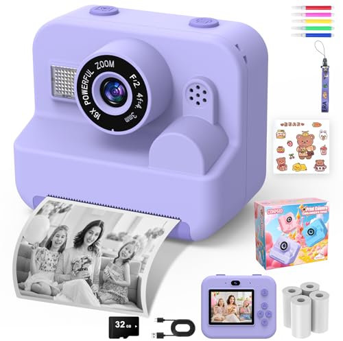 CONMRO Appareil Photo Enfant - 1080P Selfie Appareil Photo Instantané Écran 2,4 Pouces, avec Papier d'impression + Carte 32 GB, Jouet Cadeau de Noël pour Filles et Garçons 3-14 Ans (Violet)