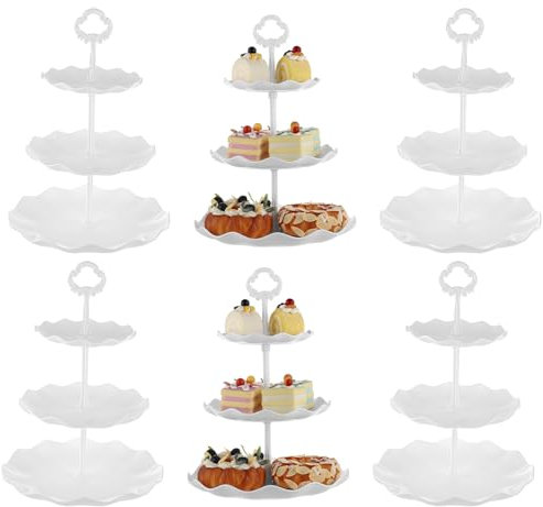 GBACHOOSE 6 Pack Cake Stand, 3-Tier Cupcake Stand, 33cm Height Plastic Cake Stand, Reusable Afternoon Tea Stands for Wedding Birthday Graduation Afternoon Tea Party (White)