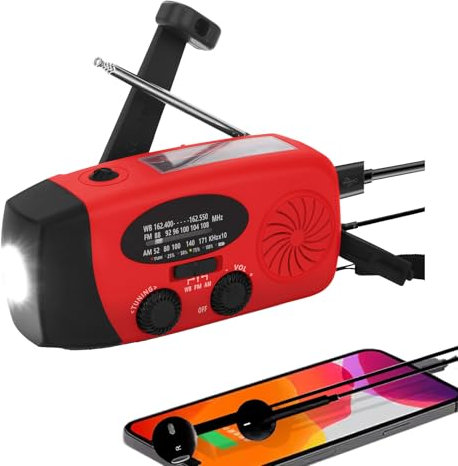 Radio Solar portátil con Am/FM/NOAA meteorológica Radio, Alarma SOS y Dinamo de manivela, Cargador de móvil USB, Linterna LED, para emergencias (Rojo,batería Recargable de 2000 mAh)