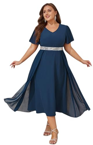 LapaPlus Übergröße Damen Formelle Cocktailkleid Abendkleid V-Neck Pailletten Partykleid Bankette Kleider Chiffon