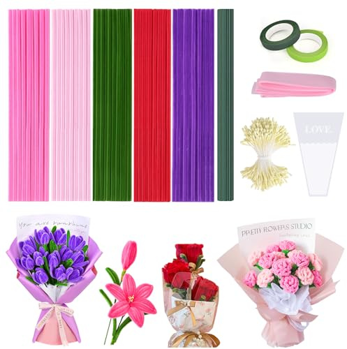 CHEPULA Pfeifenputzer zum Basteln, 400 Stück Pfeifenreiniger Blumen Set, 5 Farben Pipe Cleaner Flower mit Grünem Bastelfaden, Staubgefäße, Blumenpapier, Klebeband, Geschenkband, Blumentasche