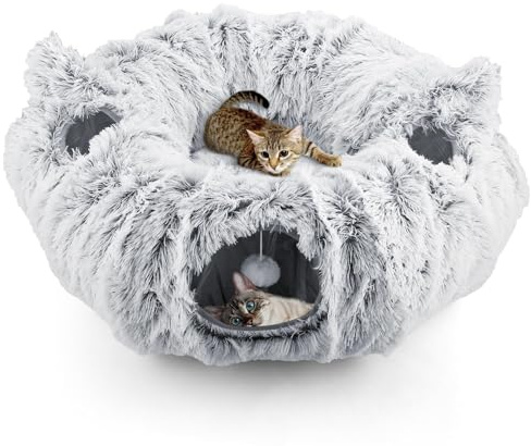 Foldable Cat Tunnel Bed with Plush Mat for Indoor Cats,Kittens & Rabbits | Washable, collapsible plush play tunnel with peek holes, hanging balls and cosy mat for cats, rabbits and small dogs