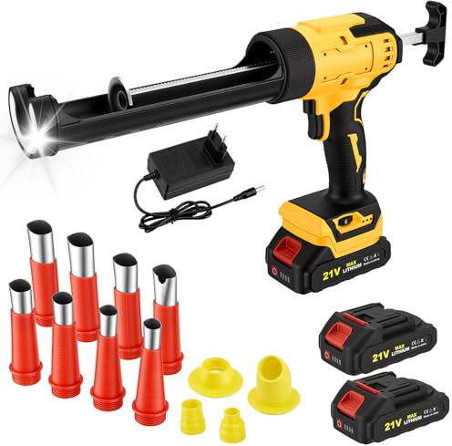 Pistola per Silicone a Batteria, Pistola per cartucce cordless, Pistola per Sigillante Elettrica con 2*2000 mAh, 6 velocità, luce LED, Set di Ugelli per Calafataggio, display LCD per Cartucce da 300ml
