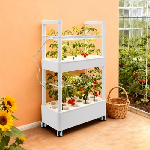 Hydroponisches Anbausystem mit LED-Beleuchtung, 2 Ebenen, 28 Pflanzlöcher, Indoor-Garten-Kit mit Rollen und Wasserspiegelfenster, Weiß, für Blattgemüse, Kräuter und Salat