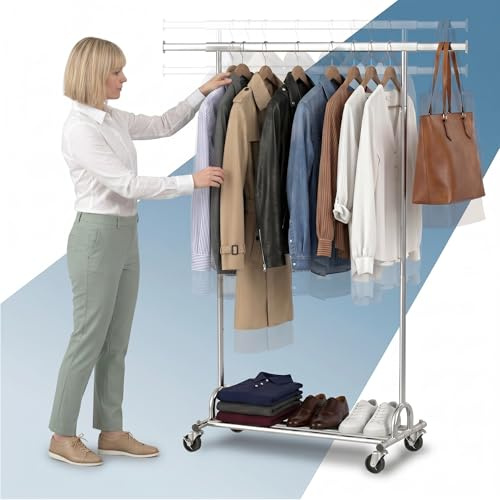 PORTENTUM Kleiderständer stabil aus Stahl höhenverstellbar mit Rollen und Bremsen – Höhenverstellbar zwischen 149 und 174 cm – Bis 180 kg Traglast – Kleiderstange rollen Stahl 45 x (92–132) cm Breite