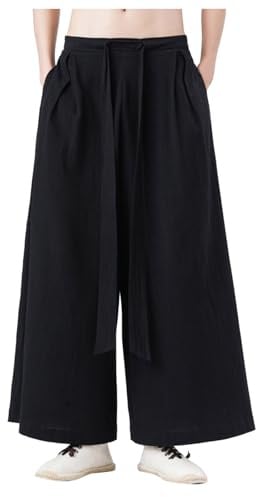 RUMAOZIA Pantalon japonais baggy Hakama Kung-Fu en coton et lin pour homme - Pantalon sarouel avec ourlet large - Pantalon large traditionnel chinois - Pantalon d'été baggy streetwear