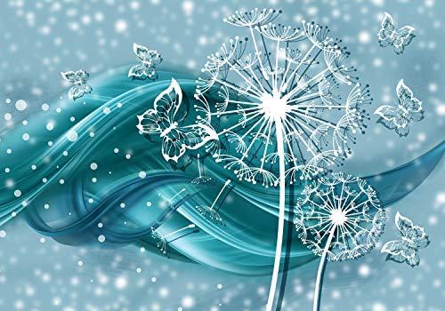wandmotiv24 Fototapete Pusteblume Ornament türkis, XL 350 x 245 cm - 7 Teile, Wanddeko, Wandbild, Wandtapete, Schmetterlinge, Blumen,Welle M1378