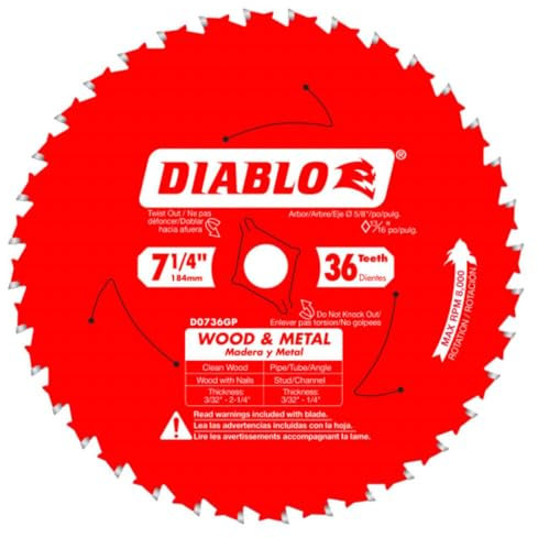 Diablo Carbide Saw Blade for Wood and Metal - 7-1/4 Diameter, 36 C-ATB Teeth, 5/8 Arbor, .067 Kerf, 5° Hook Angle, .051 Plate, 8000 Max RPM - D0736GPA