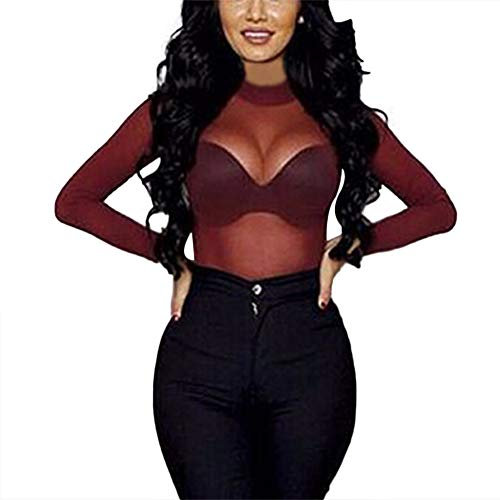 Women Mesh Tops Long Sleeve See Through Transparent Mesh Stand Neck Sheer Blouses T-Shirt Tops Red