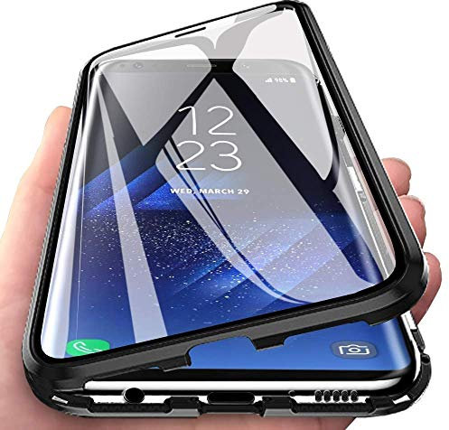 Orgsty Hülle für Samsung Galaxy A71 4G, 360 Grad Hülle mit eingebauter Glas Displayschutzfolie, Magnetische Metallrahmen Klare Rückseite dünne Handyhülle, Schwarz