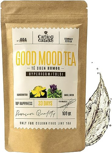Good Mood Tea - Natürlicher Stimmungsaufheller - Stress Management & Entspannung - Kräutertee mit Johanniskraut, Grüner tee Lose, Salbei, weißer Tee, Tulsi, Vanille, Rosenblüten - 100g