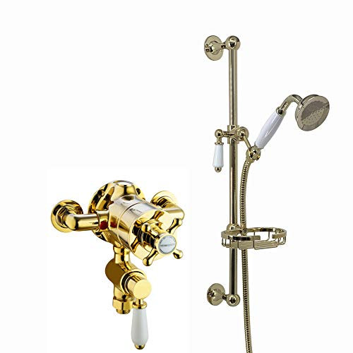 ENKI, Downton, SH0556, Exposed Traditional Thermostatic Shower Set Incl. Twin Shower Valve and Slider Rail Kit, Soap Basket, Gold