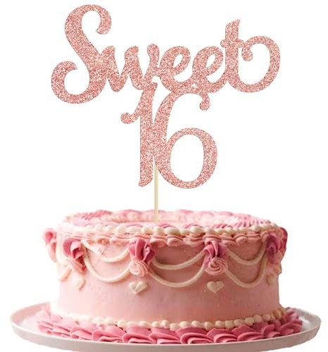 Gyufise 1Pc Rose Gold Glitter Sweet 16 Cake Toppers Lovely 16 Birthday Party Decorations Cupcake Topper With Crown for Sweet 16 Birthday Cheers to 16 Party Decoration Supplies