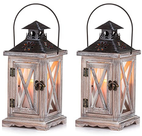 Sziqiqi Laterne Kerzenhalter Vintage Windlicht Holz Metall - Dekorative Windlichthalter für Draußen Rustikale Hochzeit Herzstück - Hängende Bauernhaus Innen Außenlaterne Dekor 28cm