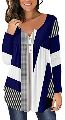 CHICZONE Ladies Plain Pleated Long Sleeve Buttons Up Tops for Women Casual T-Shirts Printed Floral Henley Shirt Geometry
