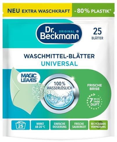 Dr. Beckmann MAGIC LEAVES Waschmittel-Blätter UNIVERSAL | vordosierte & wasserlösliche Waschblätter | platzsparend und leicht anzuwenden | 25 Blätter
