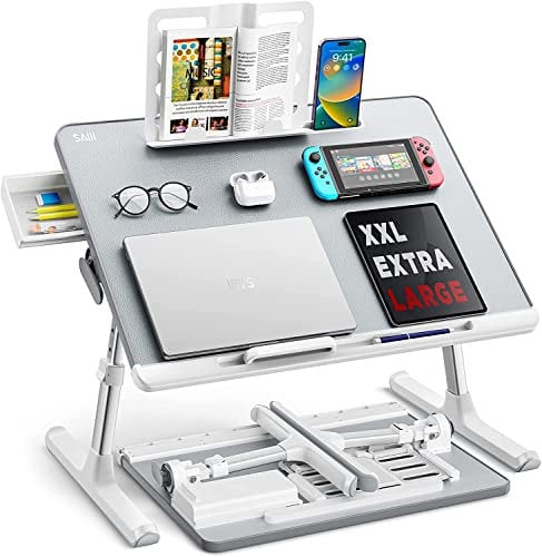 Table, Folding desk, SAIJI 60*45cm Table lap for bed, Multi-purpose Premium Lapdesk, Height Angle adjustable, with Book Stand, Drawer, Tablet slot, for Eating, Working, Writing, Gaming, Drawing (Grey)