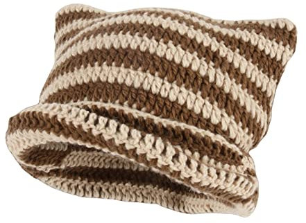 Crochet Hats for Women Cute Cat Ears Beanie Vintage Beanies Women Fox Hat Grunge Accessories Slouchy Knitted Beanies (Brown+Beige)