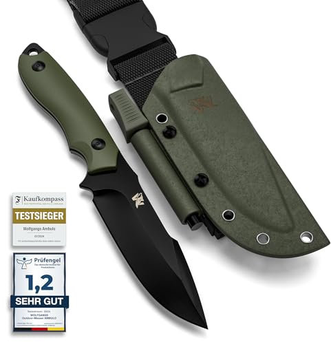 Wolfgangs ODENWOLF Outdoor-Messer AMBULO mit Kydex Holster - Edles Jagdmesser aus einem Stück D2 Stahl gefertigt - DAS Bushcraft Messer - Perfektes Survival Messer (Grün - Schwarz)