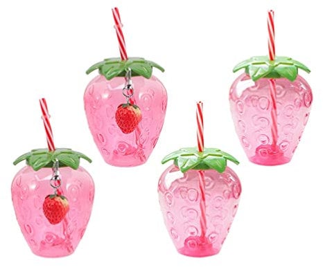 Toyvian 4 Sätze Kunststoff Trinkbecher mit Strohhalm Deckel Erdbeere Stroh Glasbecher Milchbecher Wasserbecher Kaffeebecher für Tee Saft Kaffee Tasse Smoothie Becher Bubble Tea Cup