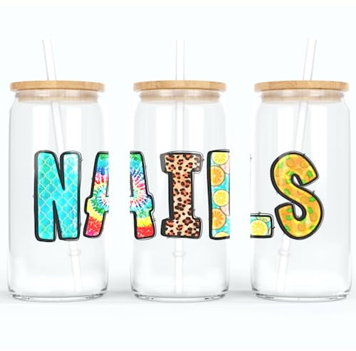 online-hut - Trinkglas - Longdrink Glas - Becher aus Glas inkl. Deckel und Strohhalm - mit Nail Schriftzug - A-NB-01-1 (Glitter Blau)