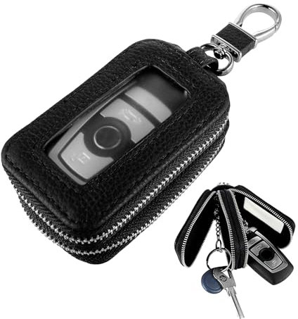 Andibro Funda de cuero genuino para llave de coche, funda universal para llave de coche de doble capa, protector de llavero inteligente con llavero y mosquetón, accesorios de coche para llavero