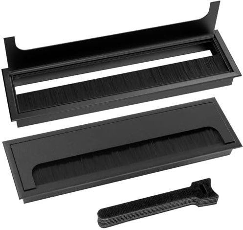 2 Piezas Pasacables Mesa Oficina, Tapa Pasacables Encastrable Embellecimiento Agujero Organizador de Cables, de Junta de Cepillo Aluminio, de 10 Piezas de Bridas (280x80mm, negro)