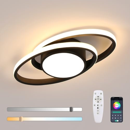 Mckalen Plafonnier LED Dimmable, 39W 4387LM Luminaire Plafonnier LED Noir avec Télécommande/APP, Rond Lampe de Salon Plafond Moderne 3000K-6500K pour Chambre, Salle à Manger, Étude, 38.5CM