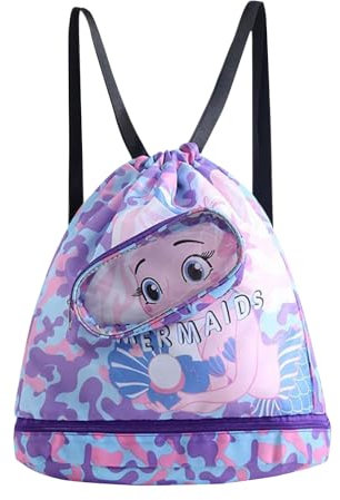 crazy bean Kinder Schwimmtasche Schwimmrucksack mit hoher Kapazität Trocken Nass Trennung Kinder-Strandtasche mit Kordelzug Sporttasche Jungen & Mädchen,Lila Meerjungfrau