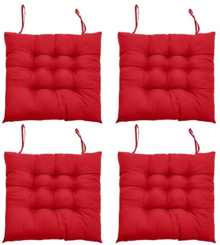 DKIEI Seat Pads for Dining Chairs Set of 4, 40 x 40cm Comfortable Dining Chair Cushions, Thick Kitchen Chair Cushions with Ties for Garden Living Room Garden Office Patio(Red)