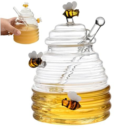 Tadoiooy 1Set Honey Pot with Cute Honeybees 500ml Honey Jar with Dipper and Lid Cover Honey Pot and Drizzler Transparent Honey Jar with Dipper for Store Honey and Syrup