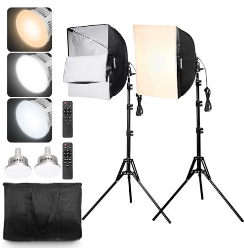 VEVOR Kit di Illuminazione Softbox, Softbox Professionale 400 x 400 mm con Lampadine LED 45 W, Temperatura Colore Regolabile 3000-6500 K, Treppiede, Luci per Fotografia Registrazione Streaming Live