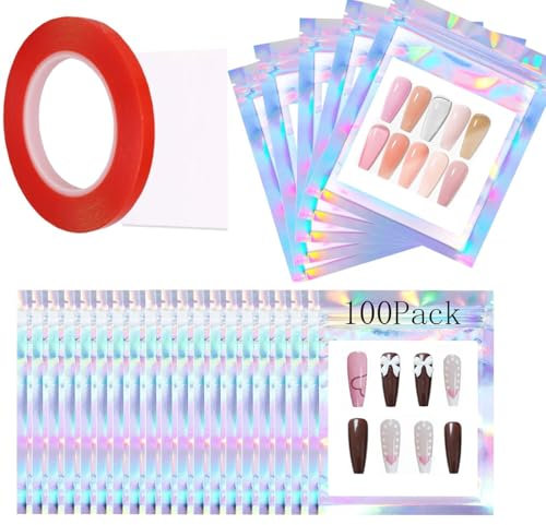 fiintrwa 100PCS Reusable Holographic Nail Storage Bags with 1 Roll Double-Sided Tape for Nail Business (Laser, Medium)
