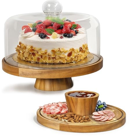 Cake Stand with Glass Lid, 12'' Cake Stands with Dome Cover, 2 in 1 Wooden Cake Stand and Charcuterie Board, Multi Purpose Cake Plate, Cake Display for Birthday Party Wedding, Baking Gifts