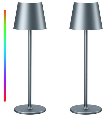 Qsky Tischlampe Kabellos Dimmbare LED Akku Tischleuchte, Wiederaufladbar Warme Lichtfarbe 3000K+RGB Aluminium Outdoor Tischlampe wasserdicht für Restaurant,Schlafzimmer,Bar,IP54 (Grau 2 Stück)