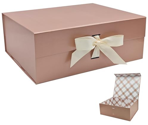 Tekhoho Grande boîte cadeau de qualité supérieure avec couvercle magnétique et ruban pour vacances, mariage, anniversaire, emballage cadeau, doublure à carreaux - Or rose - 33,5 x 27 x 12,5 cm