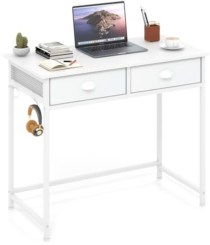 COSTWAY Kleiner Schreibtisch, Computertisch mit 2 Stoffschublade, 4 Haken & Metallrahmen, Bürotisch aus Holz modern, PC-Tisch Arbeitstisch für Wohnzimmer, Schlafzimmer, 90 x 45 x 75 cm, Weiß