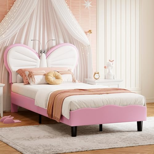Polsterbett 90x200 cm Kinderbett Einzelbett mit Leselampe, Jugendbett mit höhenverstellbarem Kopfteil und Lattenrost (Rosa+Weiß, 90x200 cm)
