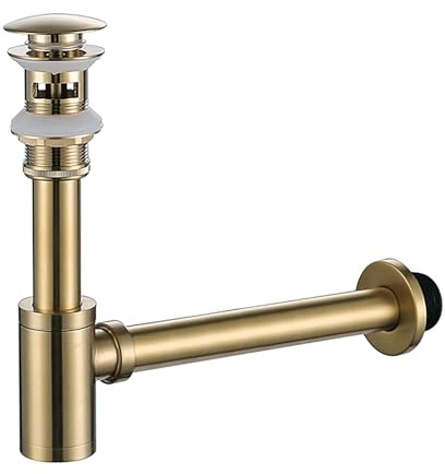YWJFSA Siphon Waschbecken Gebürstetes Gold mit Überlauf,Pop Up Ablaufventil,Geruchsverschluss,Höhenverstellbar Abflussrohr Waschbecken,Universal Abflussrohr 1 1/4