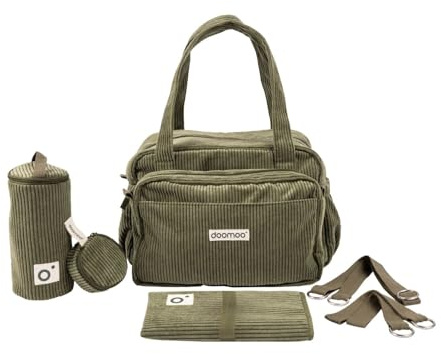 doomoo Wickeltasche Fluffy - 24l Kapazität, Abnehmbare Tasche, inkl. 8 Baby-Zubehörteile darunter Wickelunterlage, Kinderwagenbefestigungen & Isoliertasche, Windeltasche für unterwegs, Corduroy Kaki