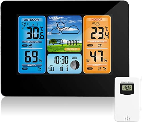 Stazione Meteo Wireless Digital Colour Forecast Stazione Meteo Indoor Outdoor Termometro con Allarme e Temperatura umidità Barometro Alarm Moon Phase Weather Clock con sensore Esterno