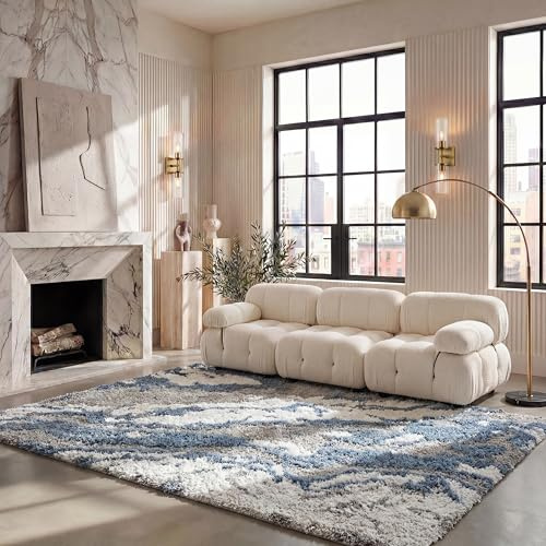 SAFAVIEH Horizon Shag Collection Area Rug - 6' x 9', Grey & Blue, Modern Abstract Design, Non-Shedding & Easy Care, 2-inch Thick Ideal for High Traffic Areas in Living Room, Bedroom (HZN890G)
