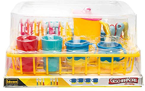 Idena 40185 - Cesta de vajilla de Juguete para el hogar, 25 Piezas, Accesorios de Cocina con Platos, Tazas, Vasos, Cubiertos y Jarra, para niños, para Jugar y Aprender Habilidades prácticas