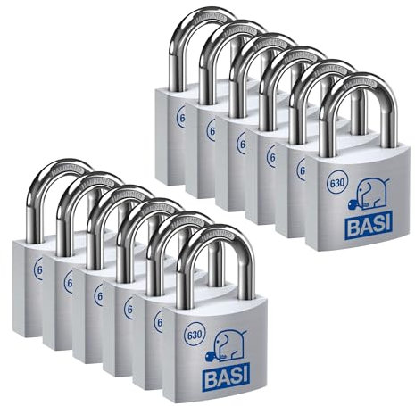 BASI | Vorhangschloss 12er Set | 60 mm | gleichschließend | massives Aluminium-Gehäuse | gehärteter Stahlbügel | sicheres Vorhängeschloss gleichsperrend | Bügelstärke 10 mm | 12 Stück