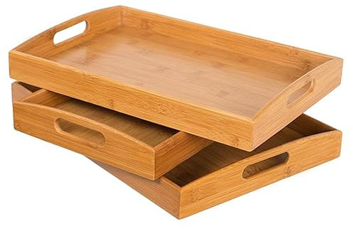 Aggloz | Bamboo Serving Trays - Set of 3 | Wooden Platters | Raised Edges & Lightweight | Perfect for Breakfast in Bed & Tea | Board with Handles, Dinner & Drinks