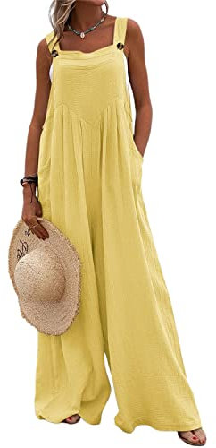 Runstarshow Womens Overalls Casual Loose Dungarees Ladies Jumpsuits UK Romer Oversized Women Wide Leg Playsuit with Pockets Solid Color Plus Size 8-26 Summer Trousers Pants Yellow