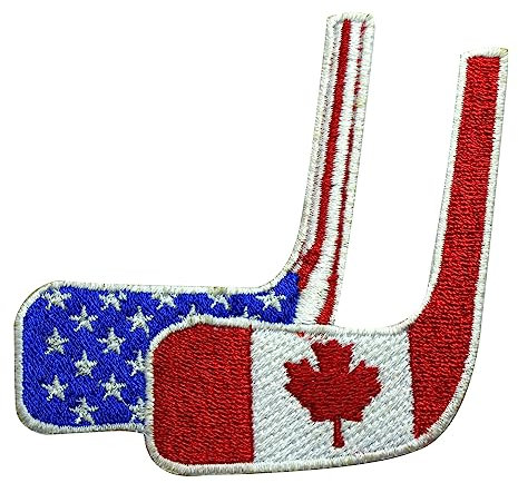 Hockey-Aufnäher, Hockeyschläger, USA und Kanada, bestickt, zum Aufbügeln, für Kleidung etc. 7,5 x 8 cm