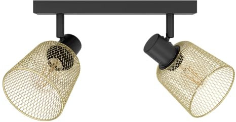 EGLO Deckenstrahler Coslada, 2-flammige Deckenlampe mit schwenkbaren Spots, Gitter Deckenleuchte Industrial Design, Metall in Schwarz und Messing-gebürstet, Deckenspot mit E27 Fassung